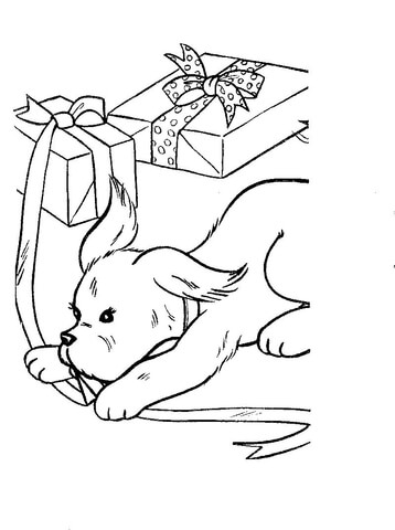 Dog is playing with present boxes coloring page free printable coloring pages