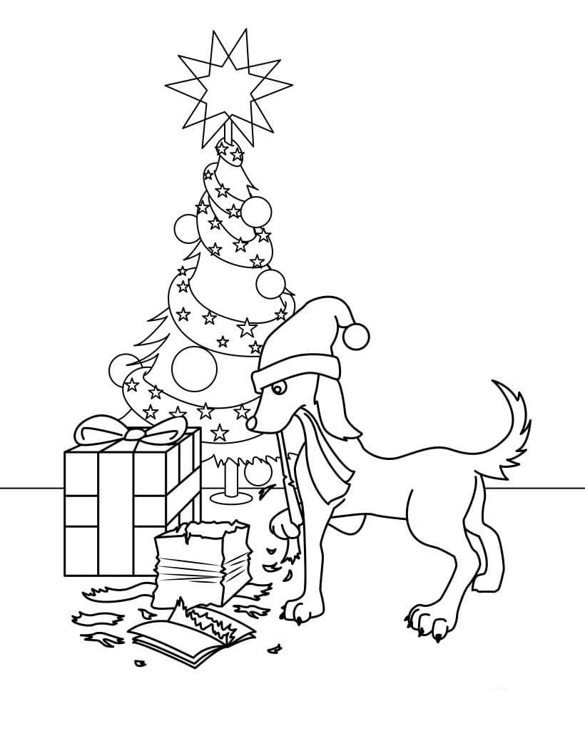 Dog and christmas gifts coloring page