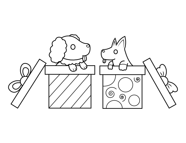 Printable dogs in gift boxes coloring page
