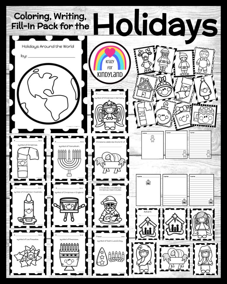 Holidays around the world coloring writing pages christmas hanukkah kwanzaa