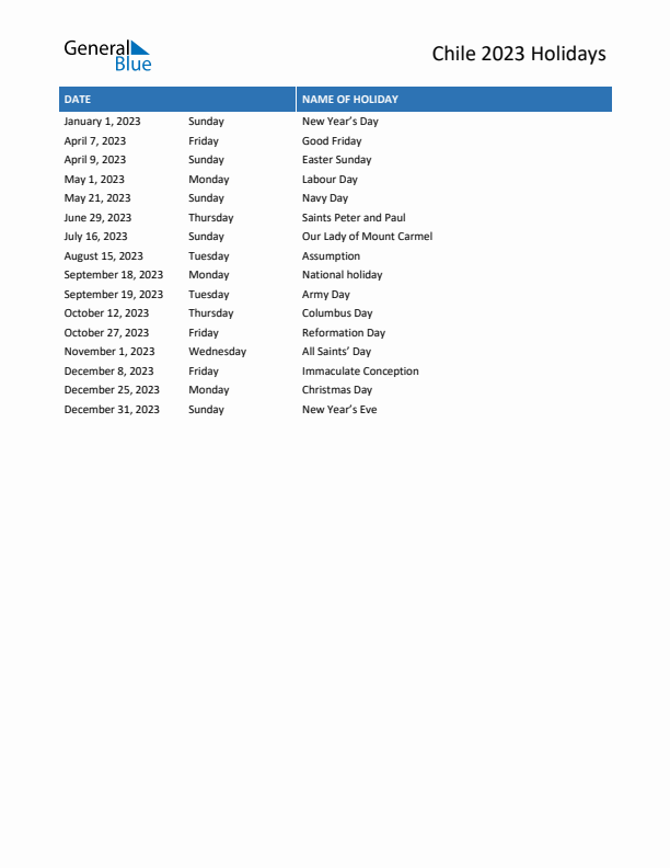 Chile list of holidays in pdf word and excel