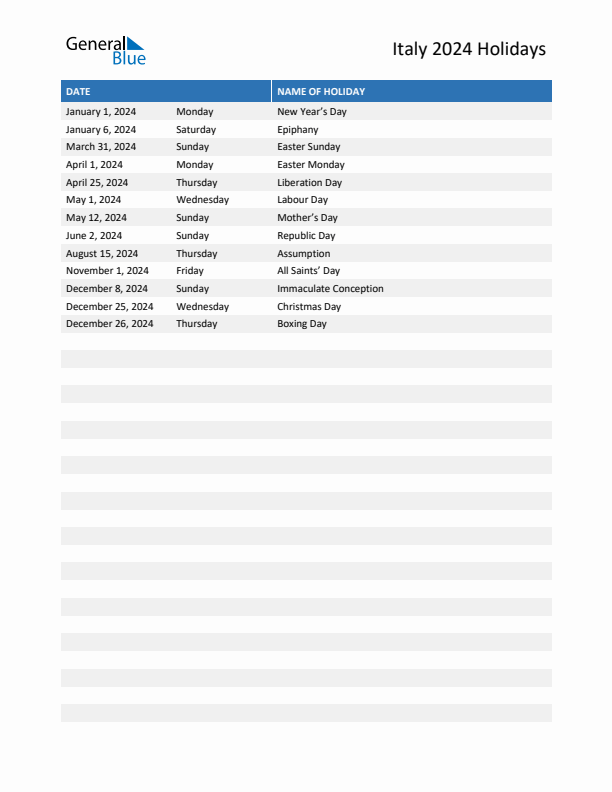 Italy list of holidays in pdf word and excel