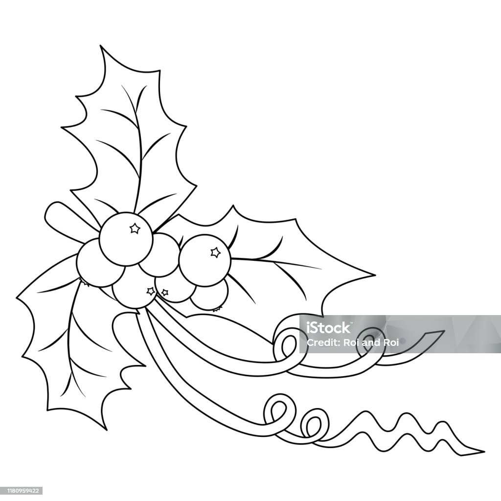 Coloring book page for adults and children holly berry with three leaves and a ribbon vector illustration stock illustration