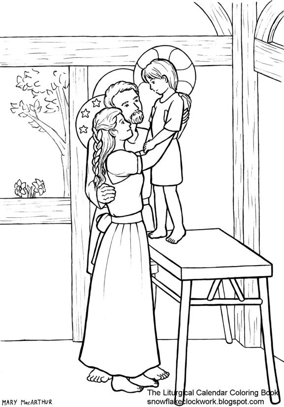 Snowflake clockwork holy family coloring page december pages and with that its done