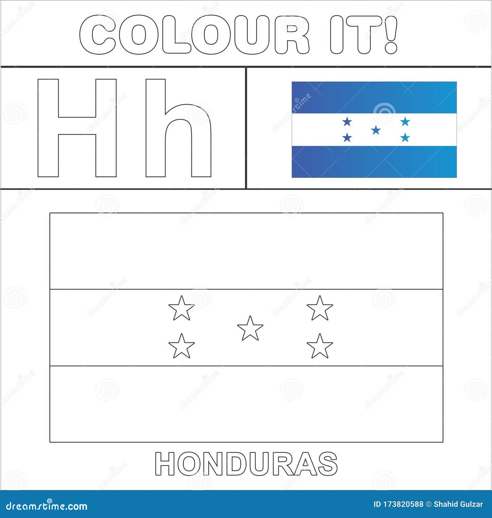 Colour it kids colouring page country starting from english letter h honduras how to color flag stock illustration