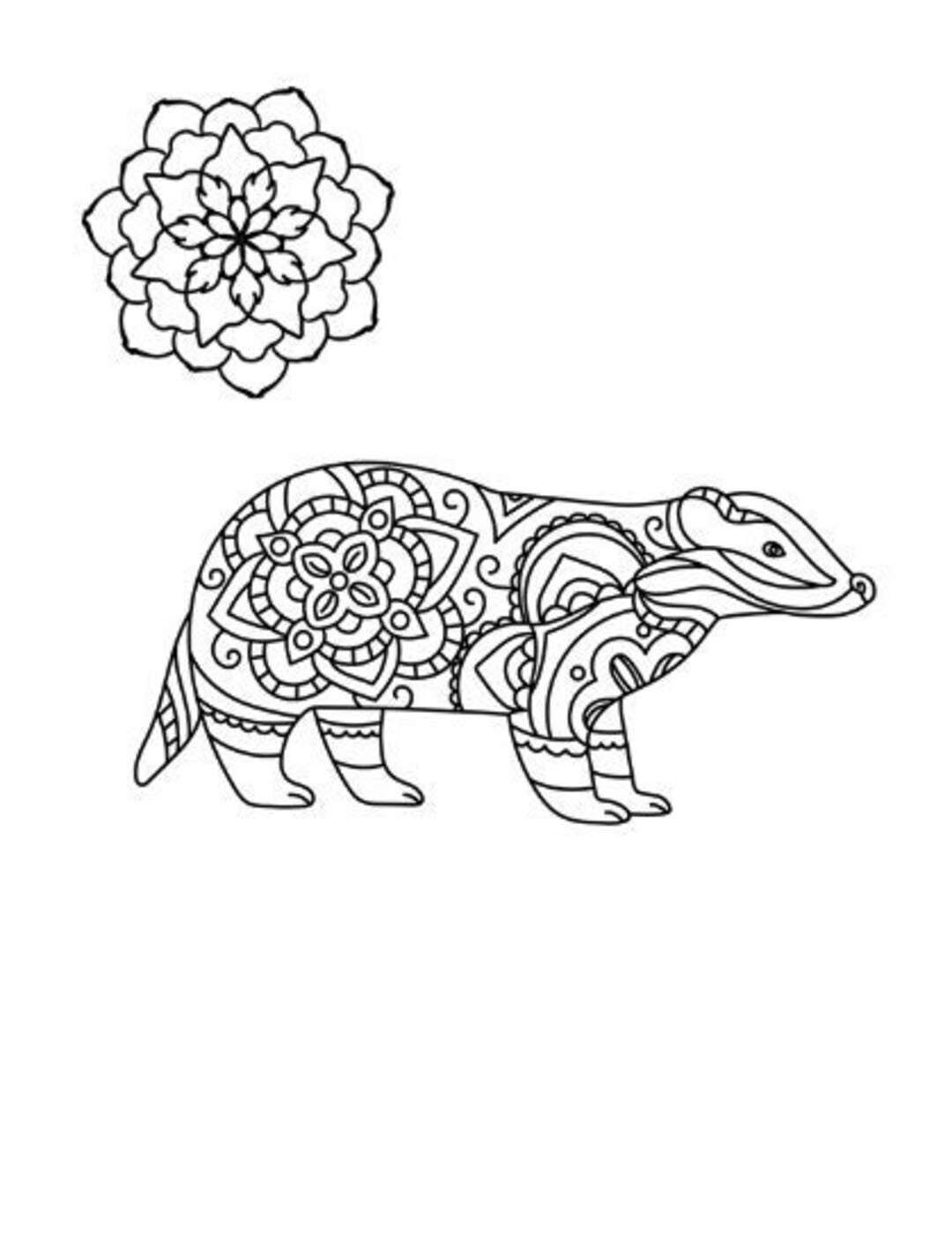 Honey badger coloring page instant download animals coloring printable line art mandala badger farm animal adult coloring pages