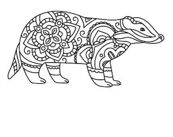 Honey badger coloring page instant download animals coloring printable line art mandala badger farm animal adult coloring pages