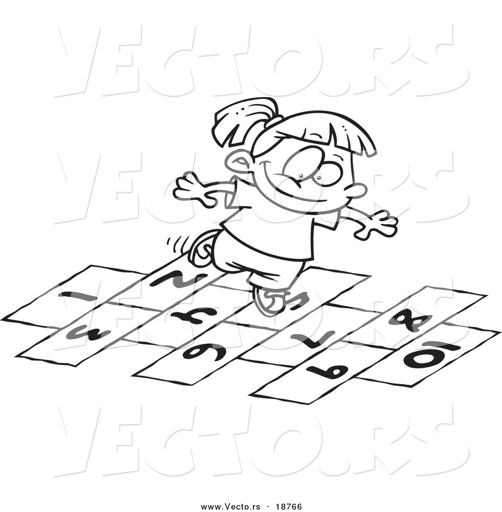 R of a cartoon girl playing hop scotch