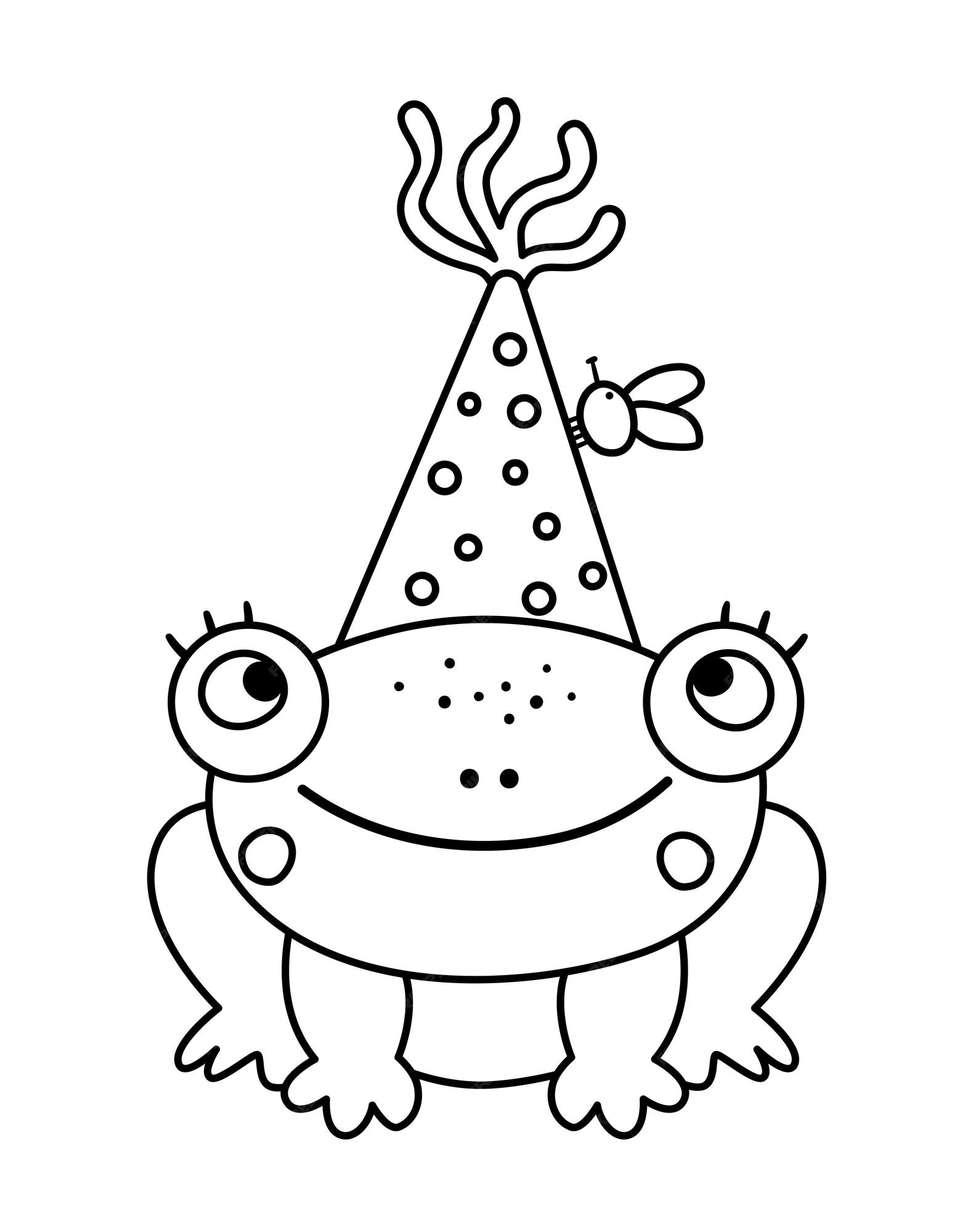 Premium vector vector cute black and white frog in birthday hat funny b