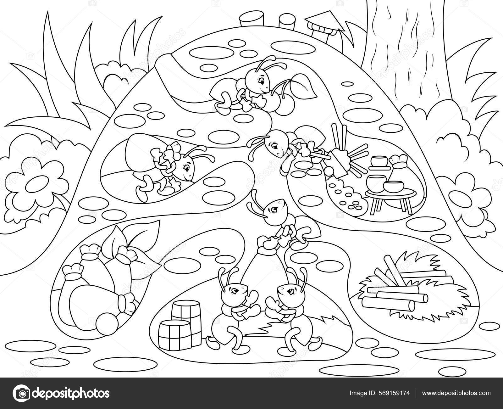 La vida interior y familiar de las hormigas en un hormiguero para colorear para niãos ilustraciãn vectorial de dibujos animados estilo zentangle vector de stock por toricheksgmail