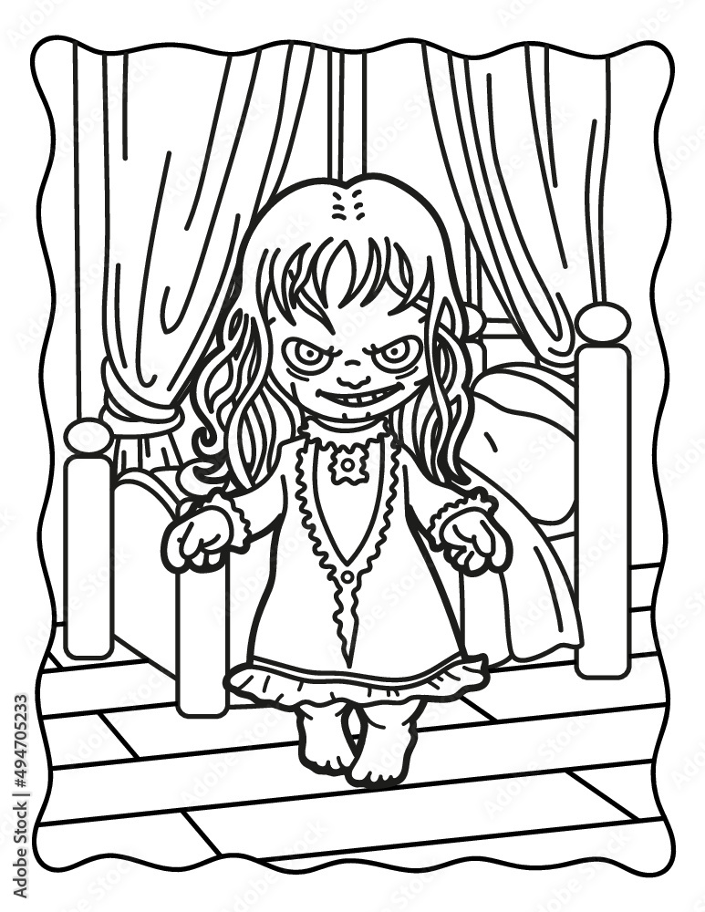 Coloring book for children creepy girl in the bedroom coloring book for adults halloween coloring book for halloween cute horror movies vector