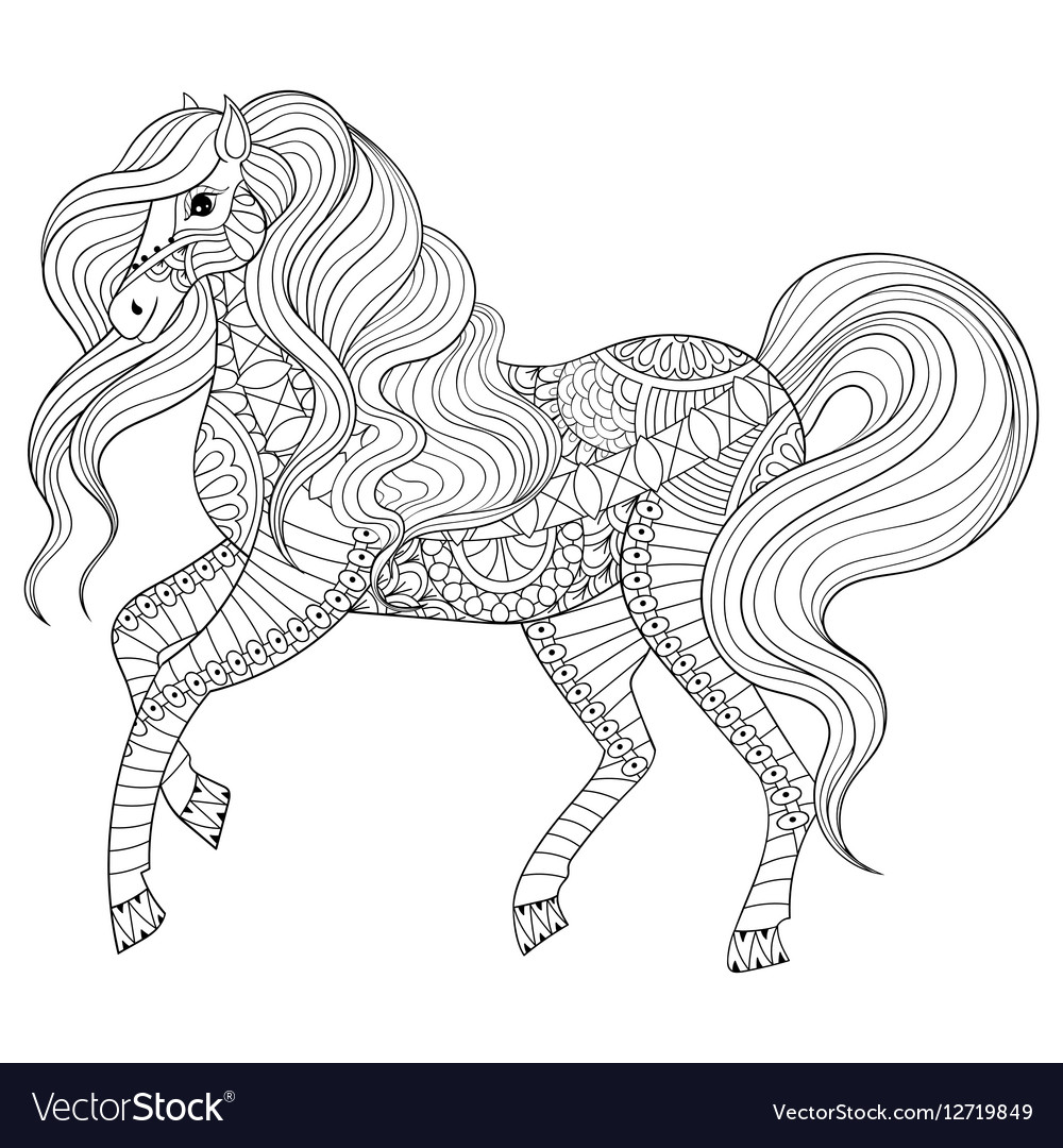 Hand drawn entangle horse for adult coloring page vector image