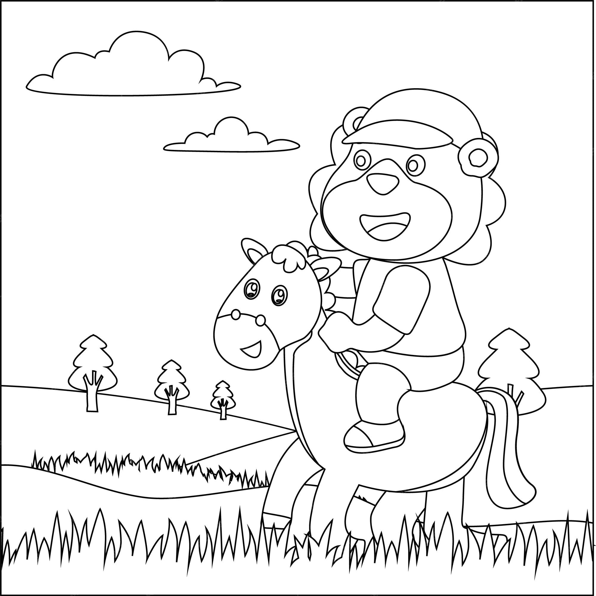 Premium vector vector illustration of happy cute bear riding cute horse colouring book or page