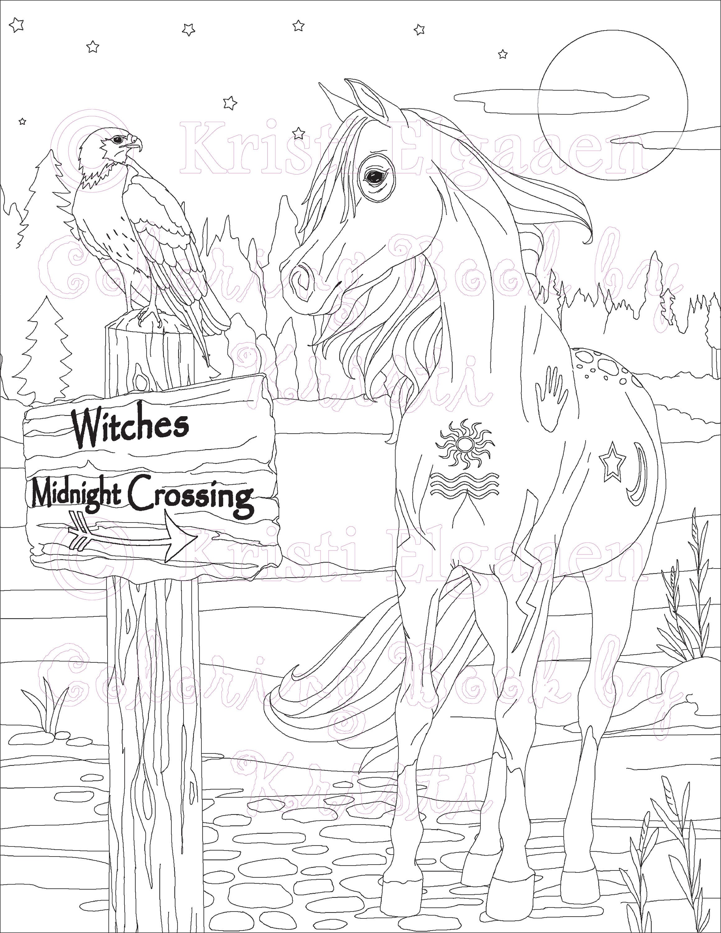 Little witches and wild things adult coloring page horse