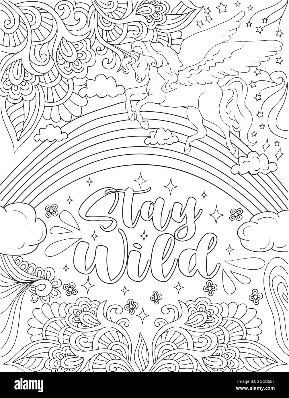 Beautiful unicorn drawing crossing over the wonderfull rainbow above the message stay wild pretty horse line drawing flying on top of inspirational stock vector image art