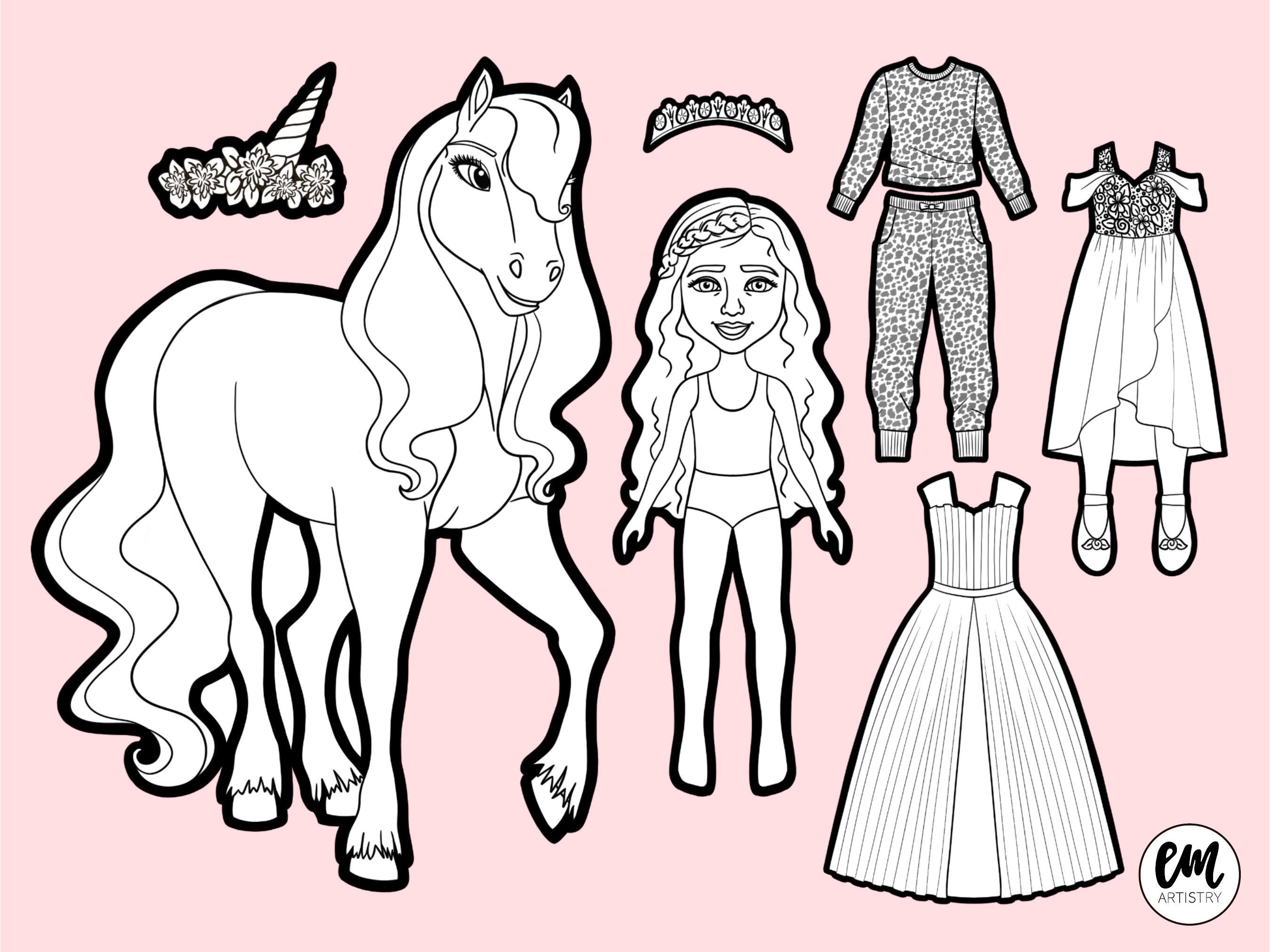 Amelia pony paper doll colouring page instant download