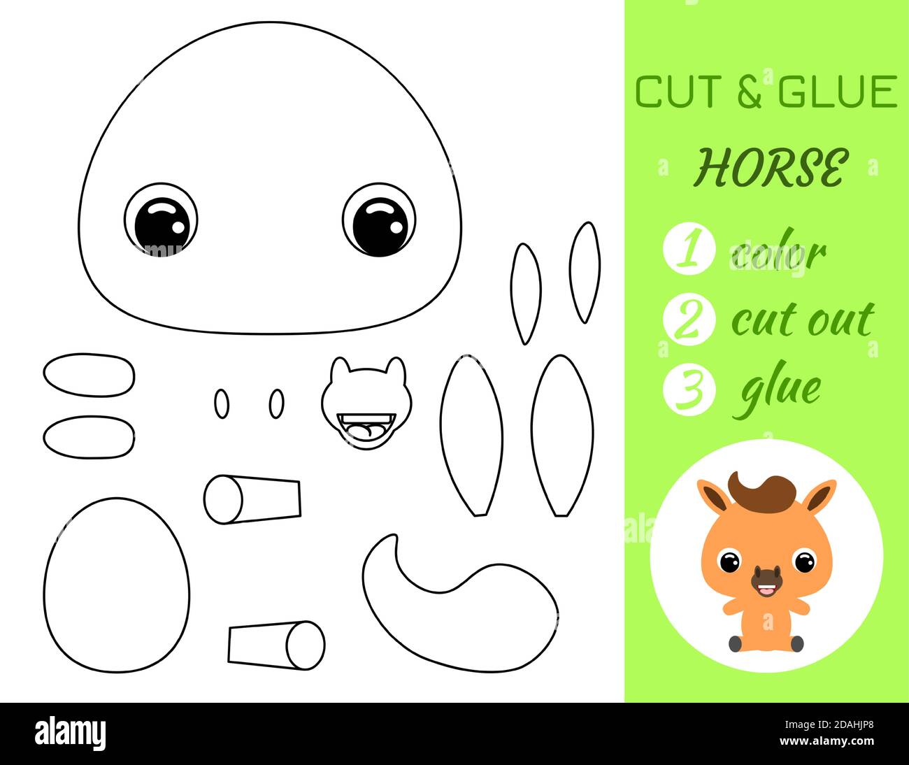 Simple educational game coloring page cut and glue sitting baby horse for kids educational paper game for preschool children color cut parts and gl stock vector image art