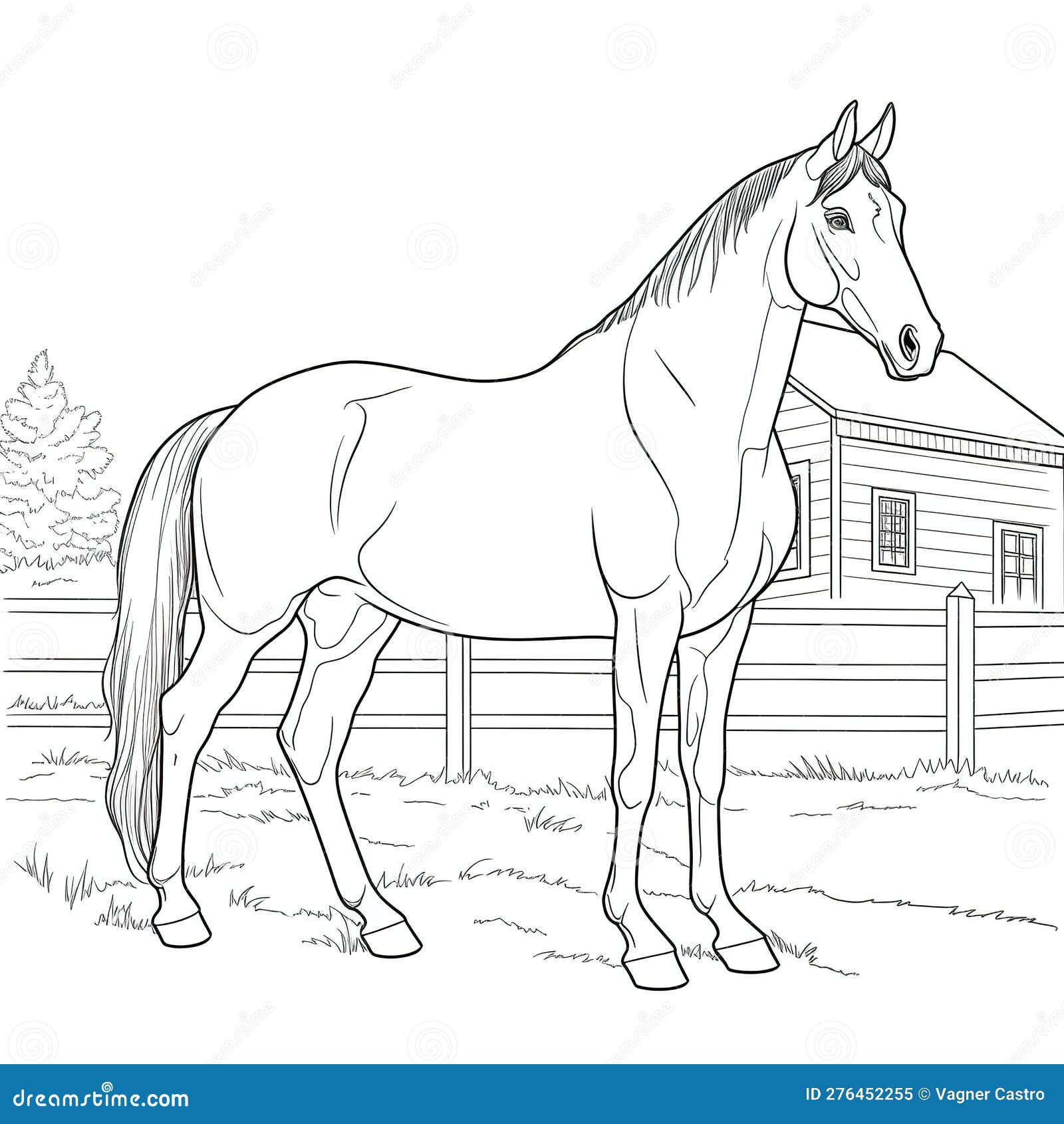 Kids coloring page of a horse in the farm that is blank and downloadable for them to plete stock illustration