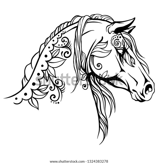 Coloring page horse head pattern flowers stock vector royalty free