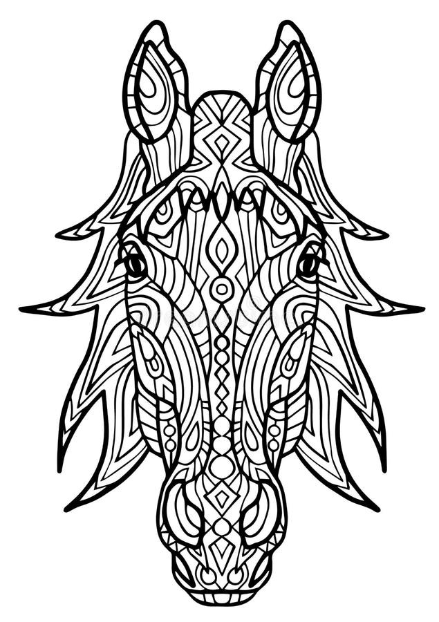 Adult coloring bookpage a head of horse for relaxingzen art style illustration stock vector