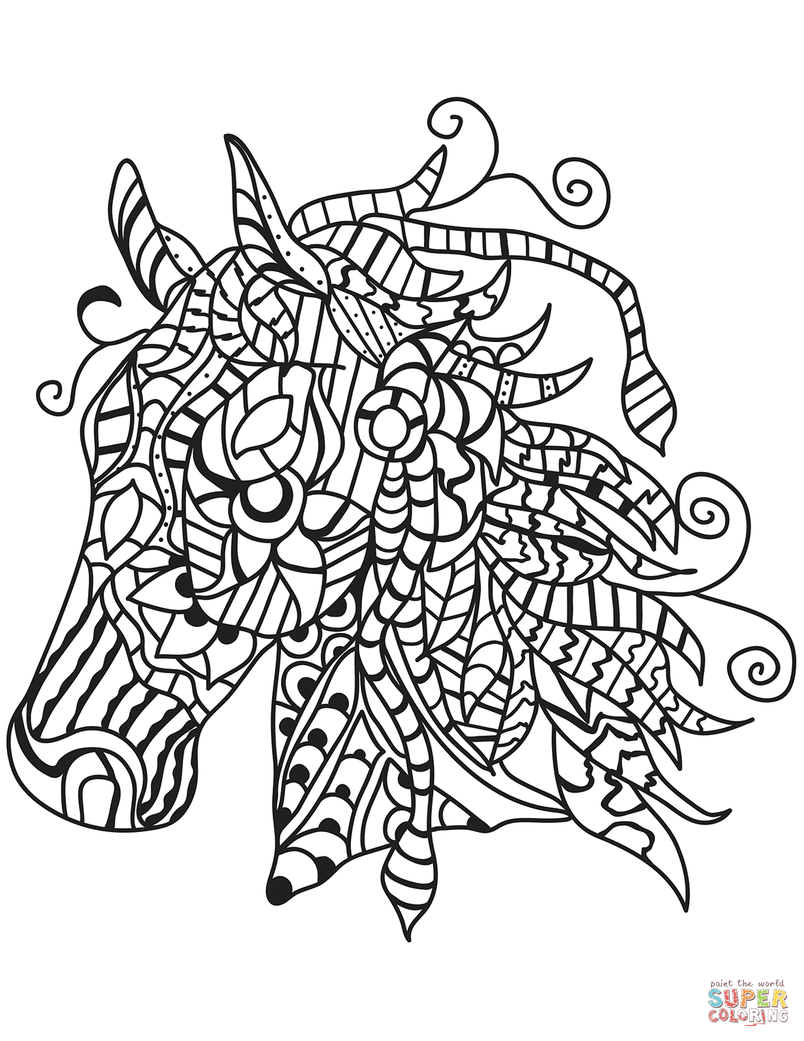 Horse head zentangle coloring page free printable coloring pages