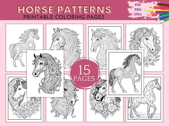 Horse coloring pages printable pages horse head silhouette horse images geometric floral pattern zentangle art line art instant download