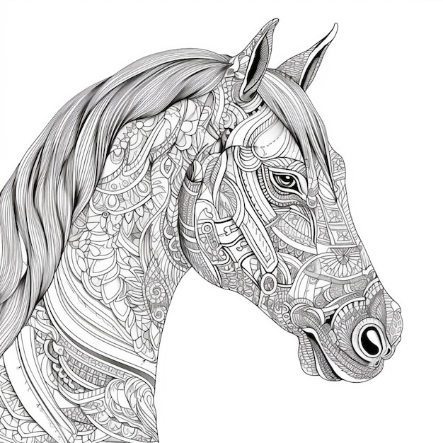 Premium ai image coloring pages for adults horse head with intricate patterns generative ai