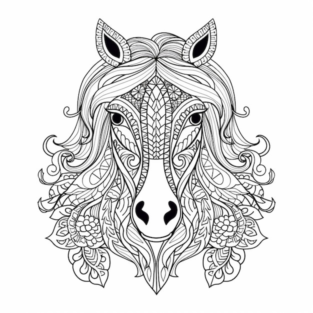 Premium ai image a coloring page with a horses head and a floral pattern generative ai