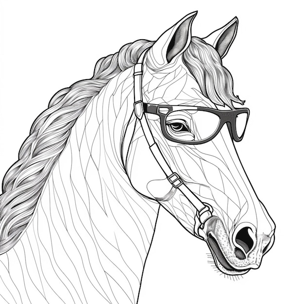 Premium ai image coloring pages of a horse with glasses on his head generative ai