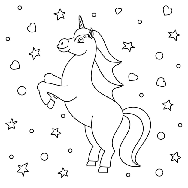 Premium vector coloring book for kids the magical unicorn reared up the animal horse stands on its hind legs cartoon style simple flat vector illustration