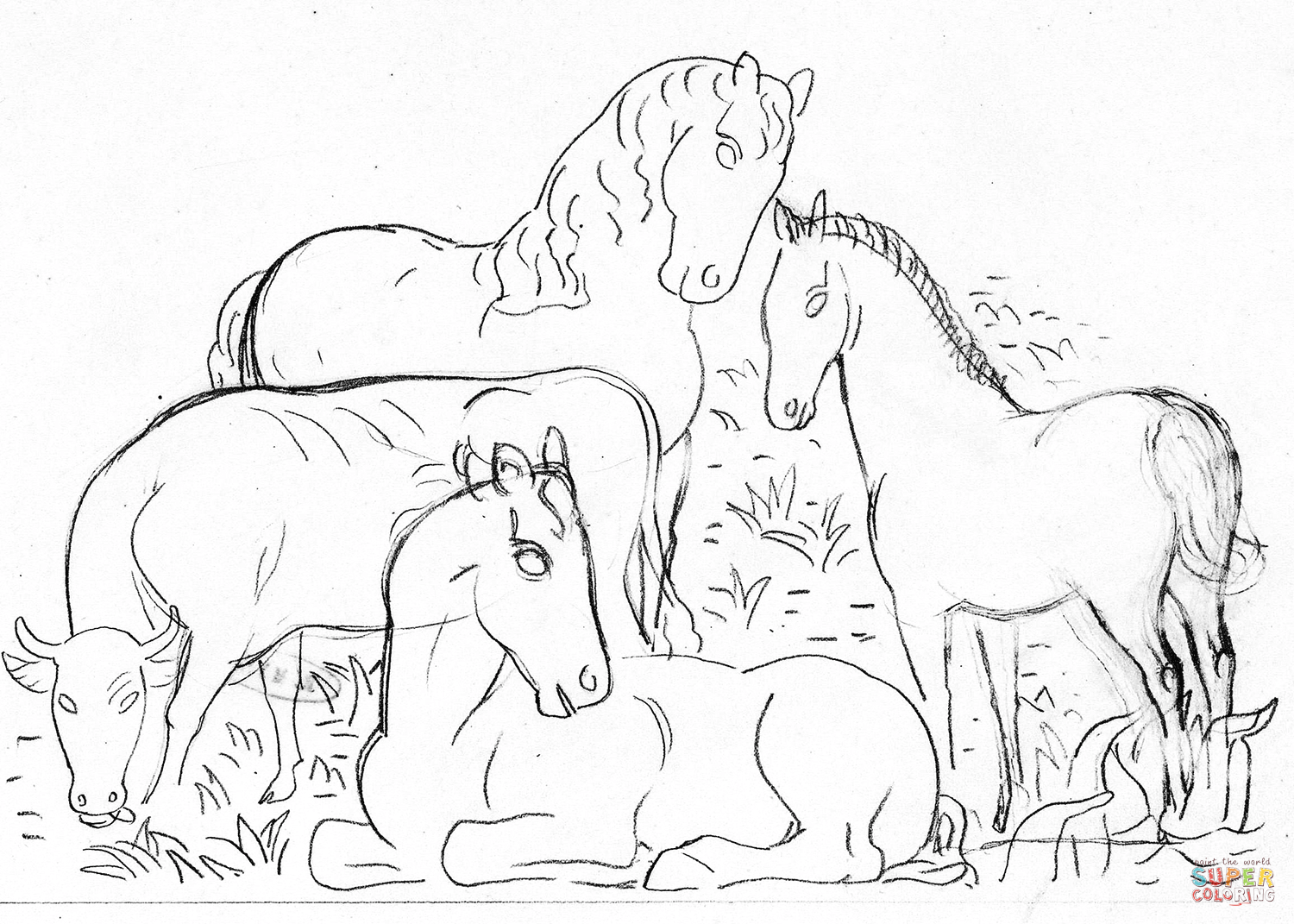 Three horses and a cow sketch coloring page free printable coloring pages