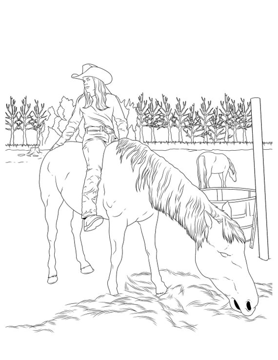 Cowgirls horses coloring for adults printable coloring pages instant download pdf