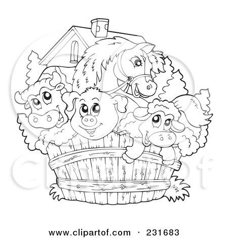 Coloring page outline of a cow horse pig and sheep looking over a fence posters art prints by