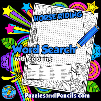 Horse riding word search puzzle activity page with coloring horses