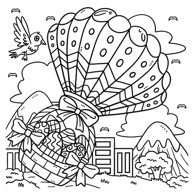 Premium vector easter basket of eggs in hot air balloon coloring