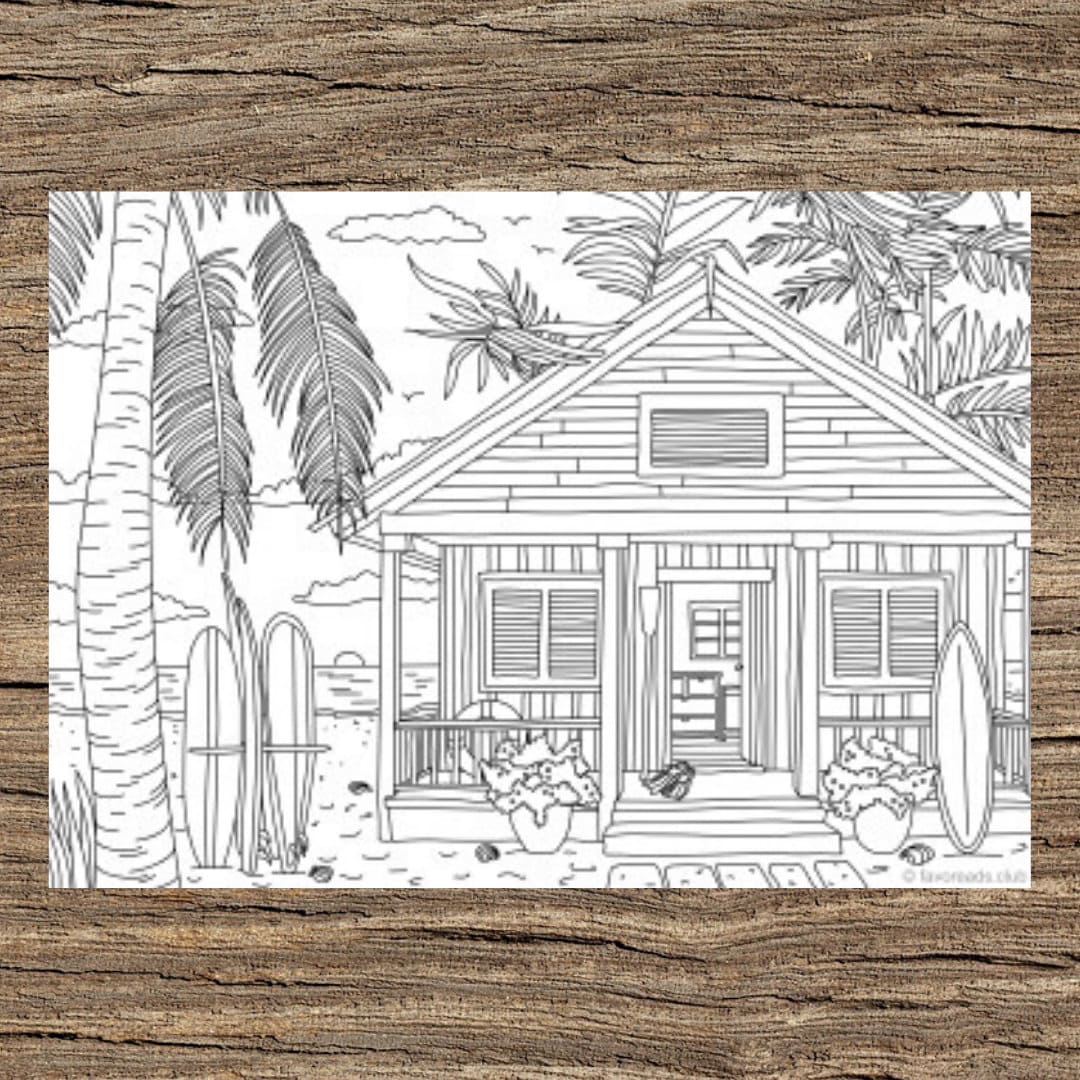 Beach house printable adult coloring page from favoreads coloring book pages for adults and kids coloring sheets coloring designs instant download