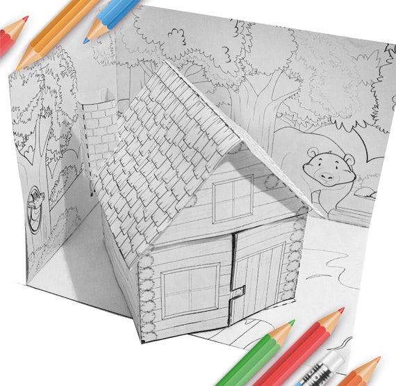 Printable coloring d forrest house with interior furniture paper craft for kid indoor activity for kids pdf instant download