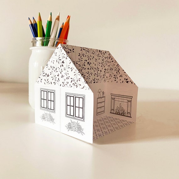 Printable origami paper house ivy cottage coloring page kids activity instant download paper dollhouse paper craft