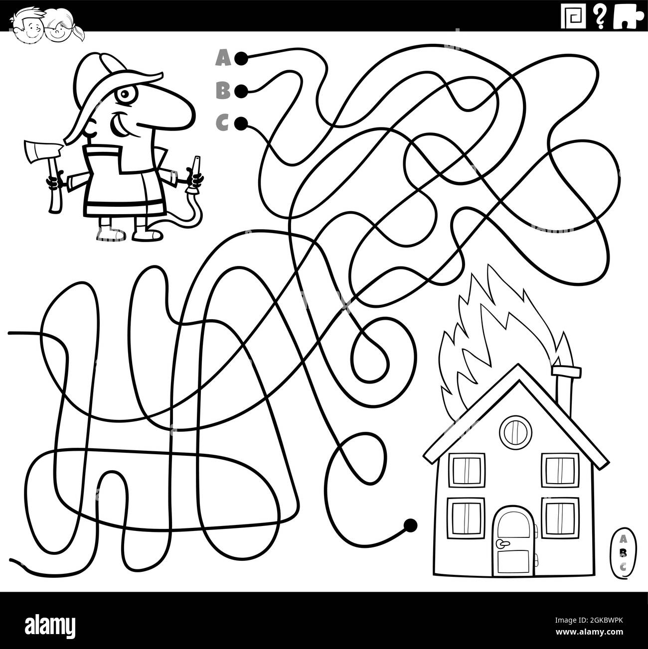 Black and white cartoon illustration of lines maze puzzle game with firefighter character and burning house coloring book page stock vector image art