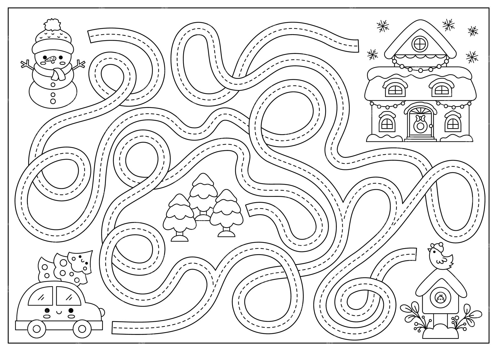 Premium vector christmas black and white maze for kids winter line holiday preschool printable activity with cute kawaii car tree decorated house new year labyrinth game puzzle or coloring page