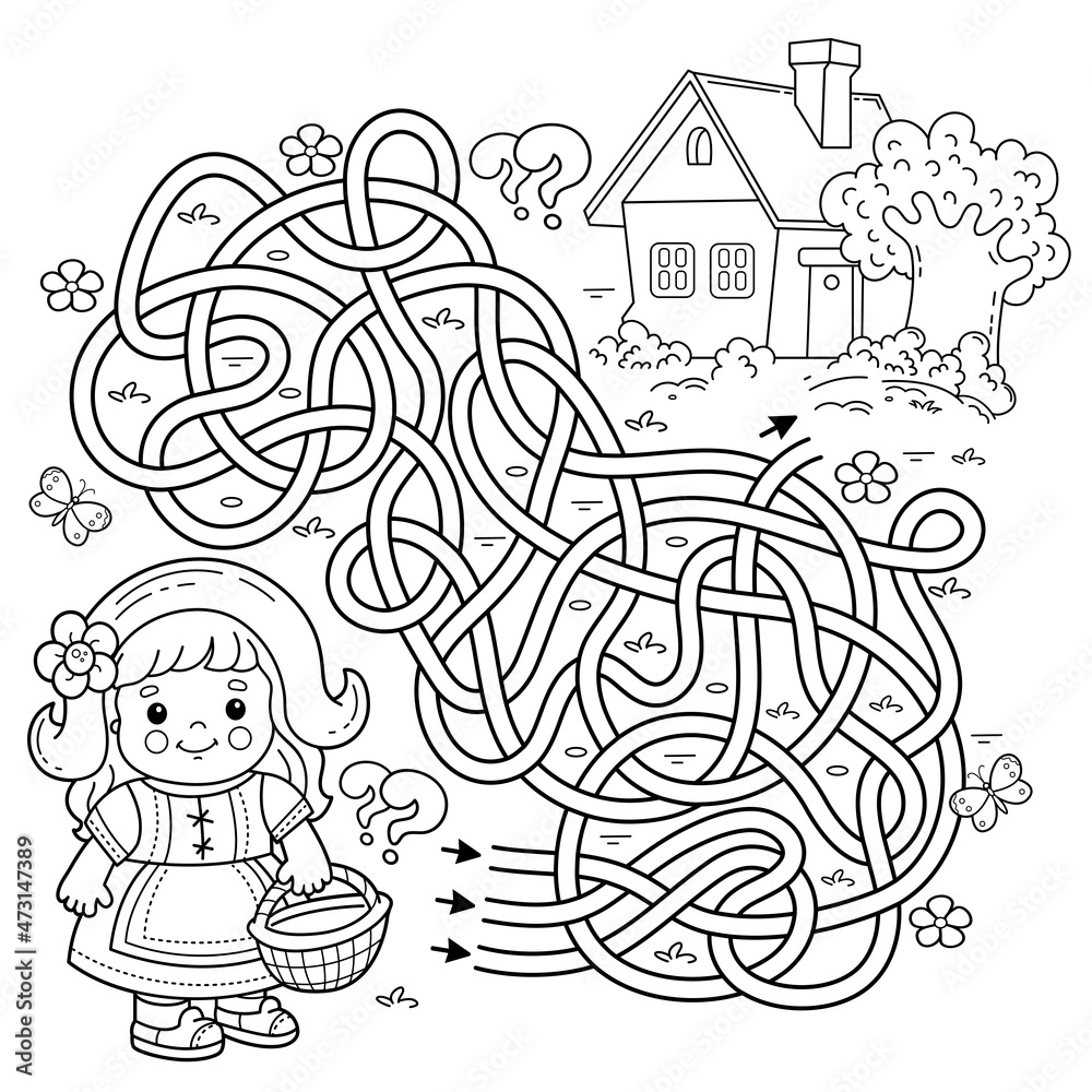 Maze or labyrinth game puzzle tangled road coloring page outline of cartoon cute girl with basket walking home along the path little red riding hood fairy tale coloring book for kids