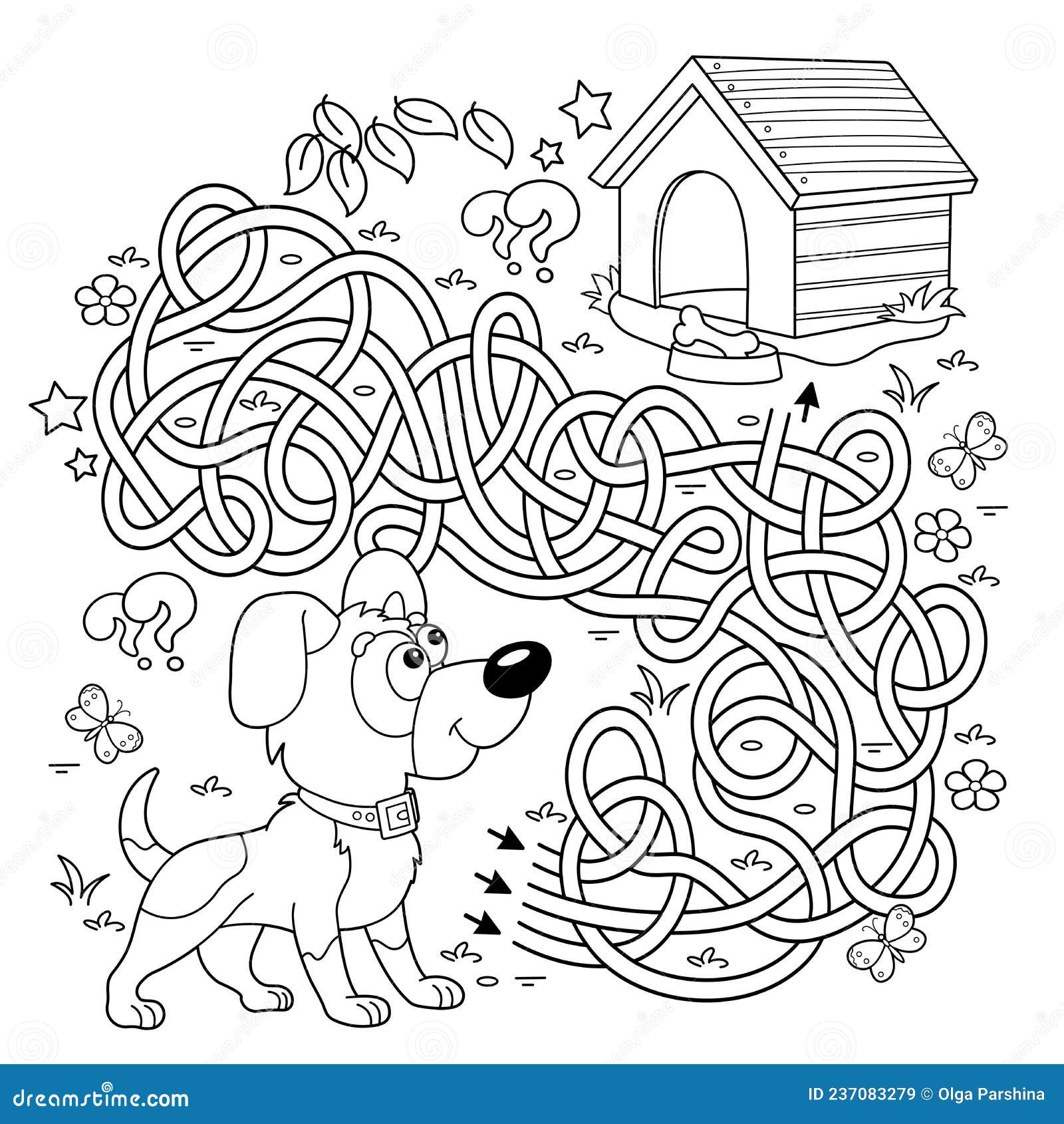 Maze or labyrinth game puzzle tangled road coloring page outline of cartoon little dog with doghouse or kennel stock vector
