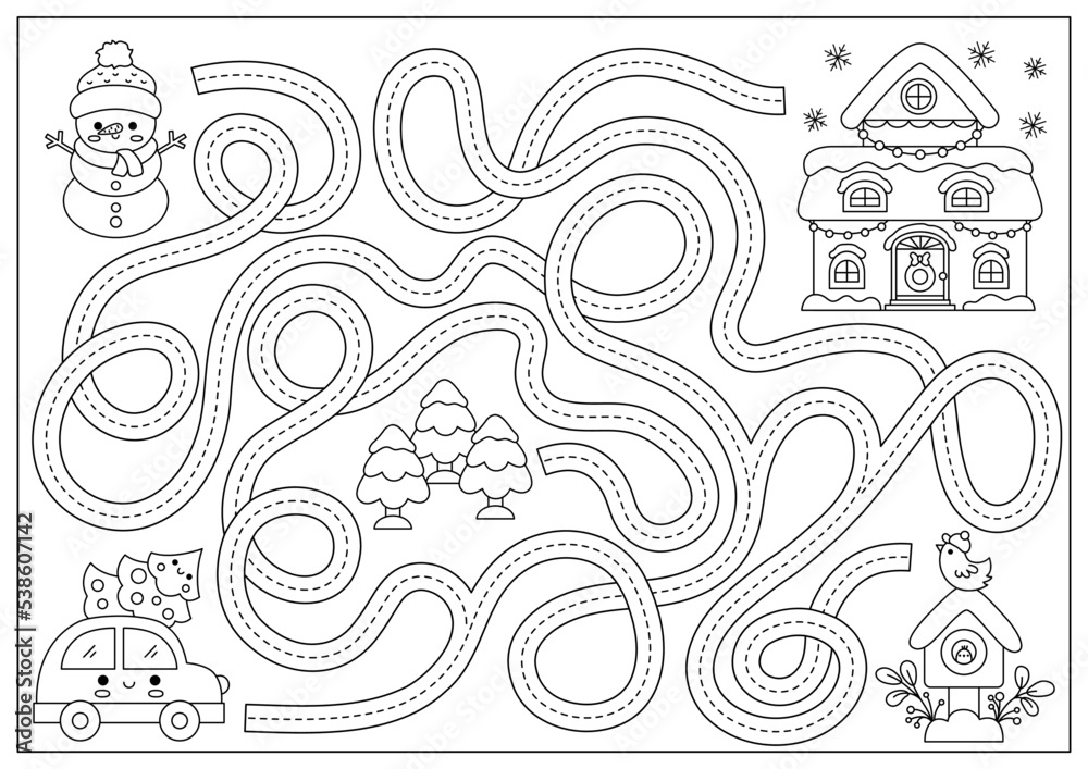Christmas black and white maze for kids winter line holiday preschool printable activity with cute kawaii car tree decorated house new year labyrinth game puzzle or coloring page vector