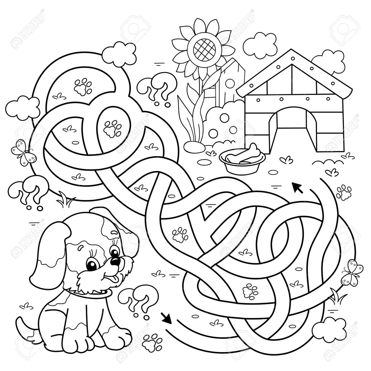 Maze or labyrinth game puzzle tangled road coloring page outline of cartoon little dog with doghouse or kennel coloring book for kids royalty free svg cliparts vectors and stock illustration image