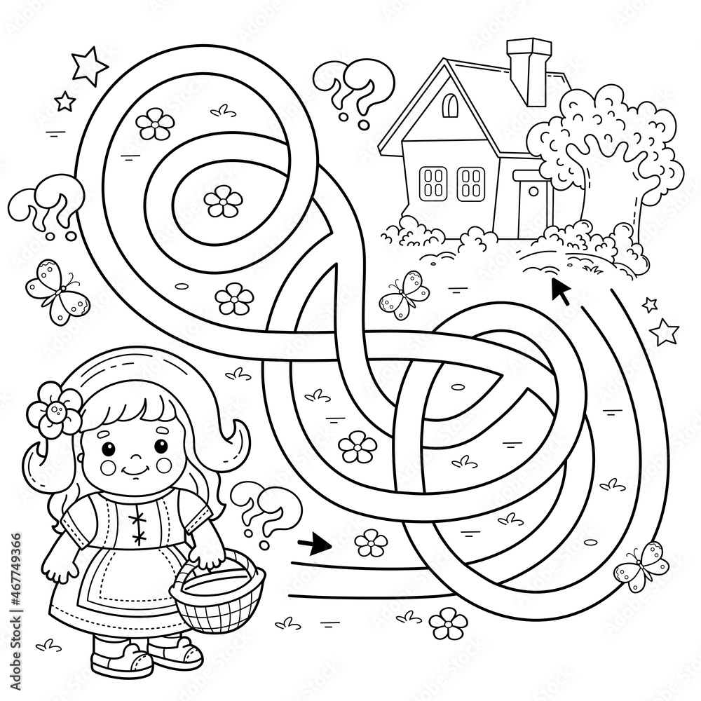Maze or labyrinth game puzzle tangled road coloring page outline of cartoon cute girl with basket walking home along the path little red riding hood fairy tale coloring book for kids