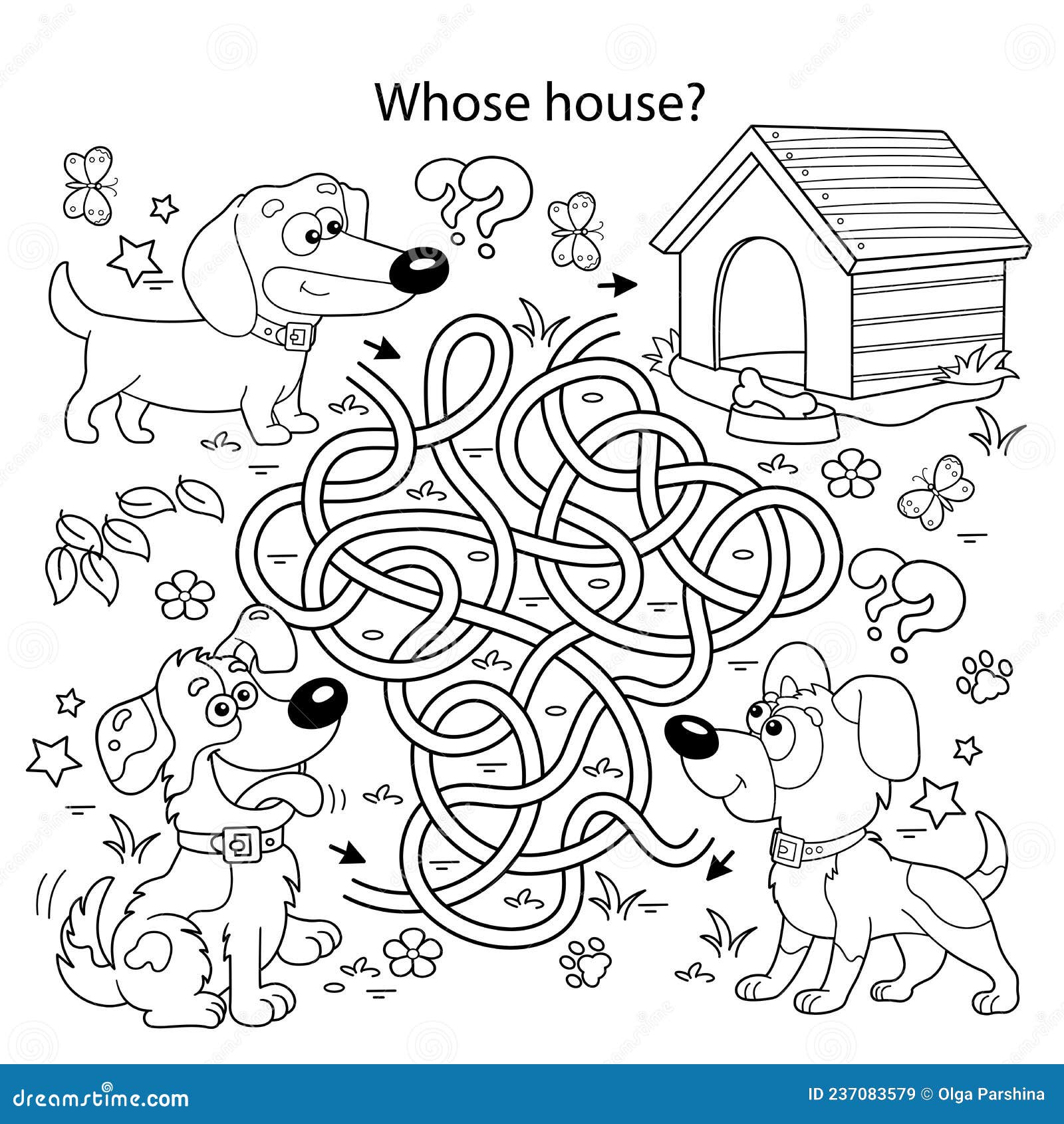 Maze or labyrinth game puzzle tangled road coloring page outline of cartoon dogs with doghouse or kennel stock vector