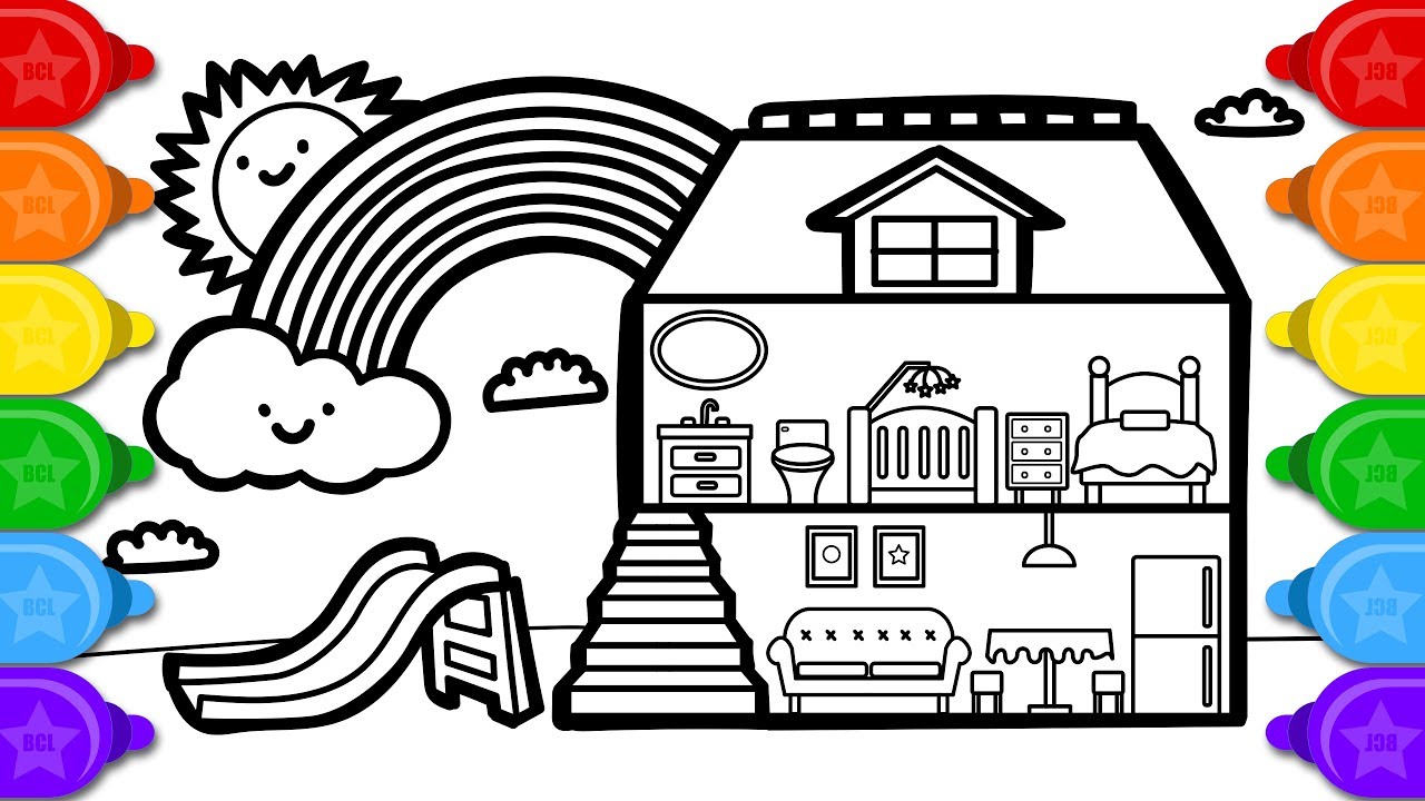 Coloring house with rainbow colouring page learn colors coloring and drawing for kids
