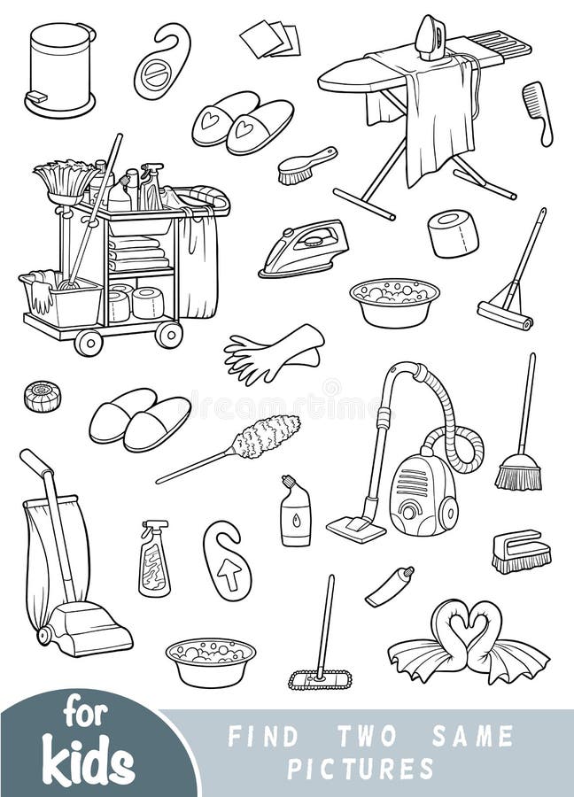 Find two the same pictures game for children set of objects for cleaning and housekeeping stock vector
