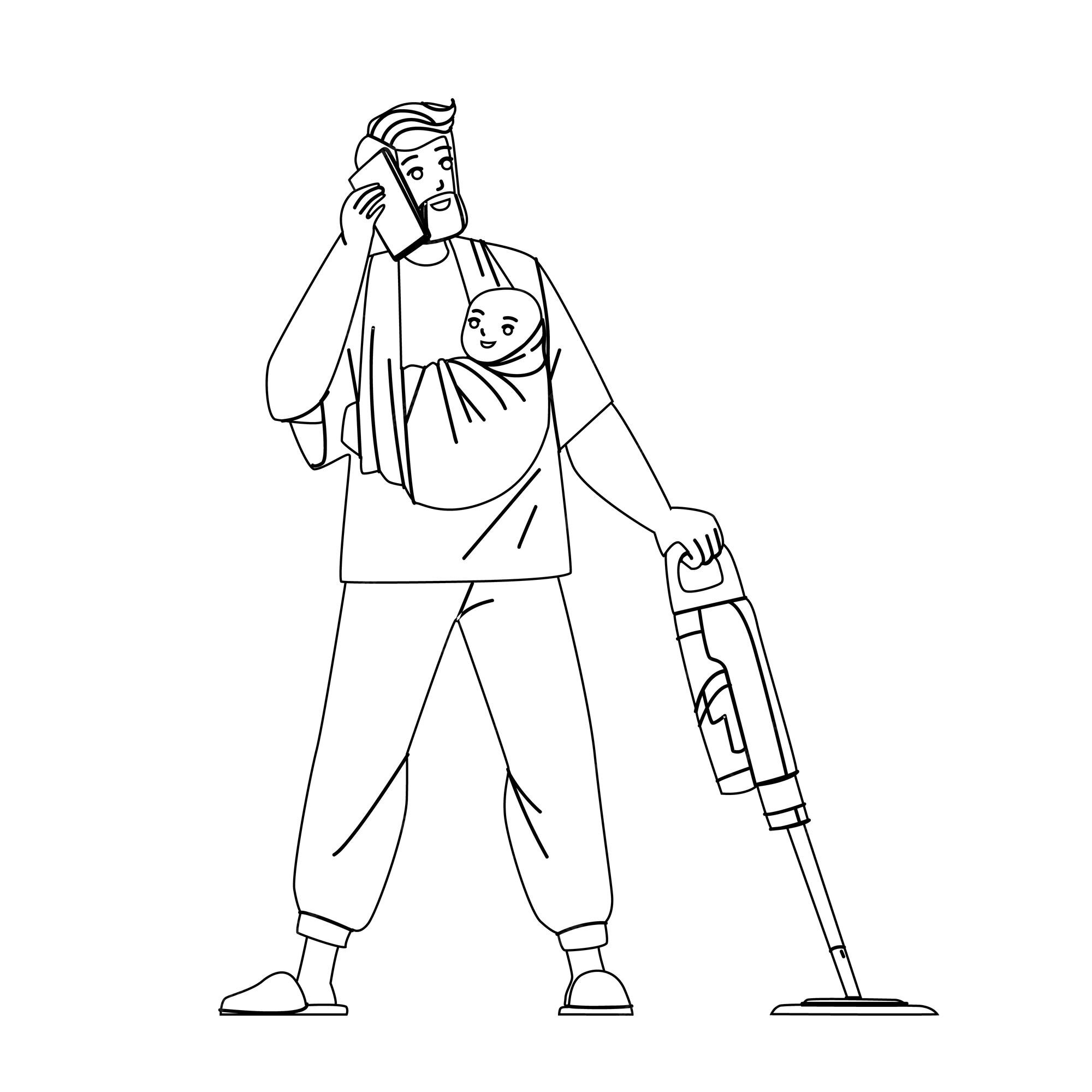 Premium vector young busy father housekeeping and working vector
