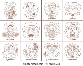 Conjunto vectorial de signos zodiacales mujeres vector de stock libre de regalãas